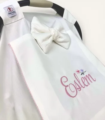 Ekru organik pamuk kroşe detaylı fırfırlı puset örtüsü, kapaklı, kişiselleştirilebilir nakışlı, zarif bebek puset örtüsü