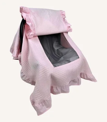 Pembe dama pike puset örtüsü, fırfırlı kapaklı, tül pencereli, kişiselleştirilebilir nakışlı, mevsimlik bebek puset örtüsü