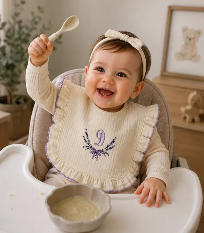 Krem Kroşe İşlemeli Fırfırlı Müslin Bebek Önlüğü