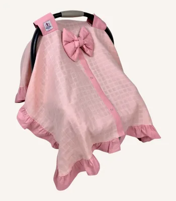Pudra müslin puset örtüsü, mini fiyonklu, ortadan yırtmaçlı çıtçıtlı model, akfil fırfırlı, tek kat hafif yazlık bebek puset örtüsü