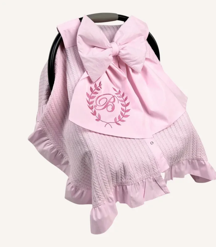 Pembe Örgü Pike Fiyonklu Yırtmaçlı Puset Örtüsü
