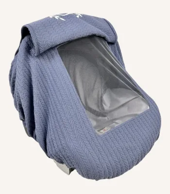 İndigo mavi örgü pike lastikli puset örtüsü, kapaklı tül pencereli, Doona tipi uyumlu, opsiyonel fiyonklu, dokulu bebek puset örtüsü