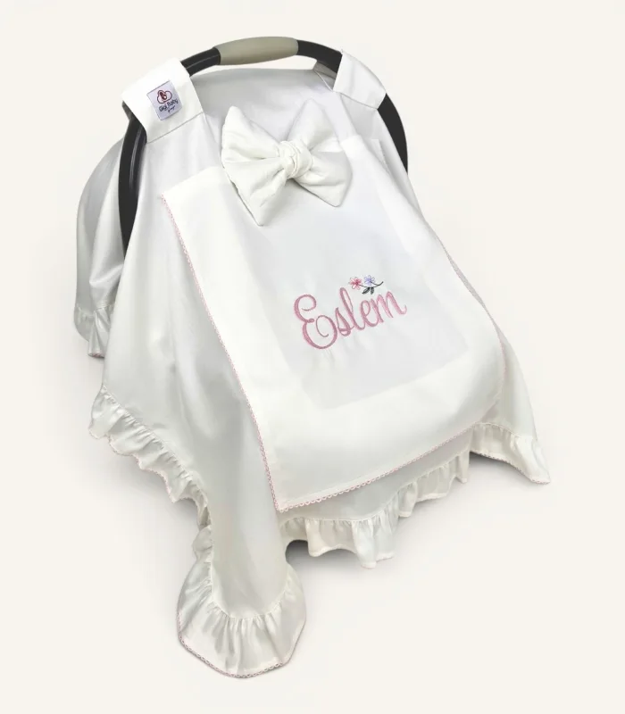 Ekru Pamuk Saten Kroşe Detaylı Fırfırlı Puset Örtüsü
