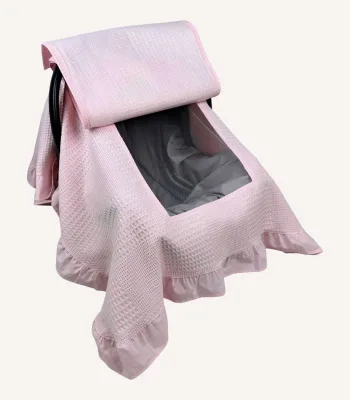 Pembe dama pike fırfırlı puset örtüsü, sade kapaklı, tül pencereli, kişiselleştirilebilir nakışlı, mevsimlik bebek puset örtüsü
