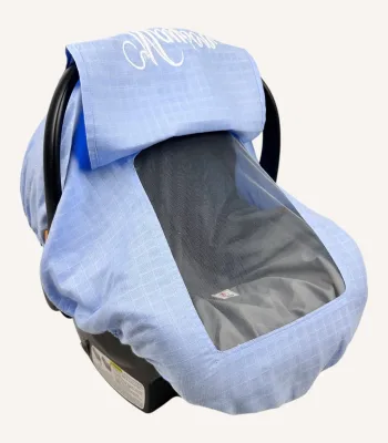 Mavi müslin lastikli puset örtüsü, kapaklı tül pencereli, Doona uyumlu, mini fiyonk opsiyonlu, hafif bebek puset örtüsü