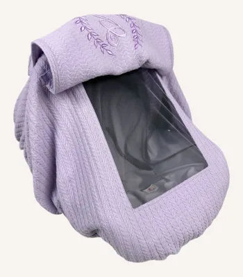 Lila örgü pike lastikli puset örtüsü, kapaklı tül pencereli, Doona uyumlu, fiyonklu opsiyonlu, bebek puset örtüsü