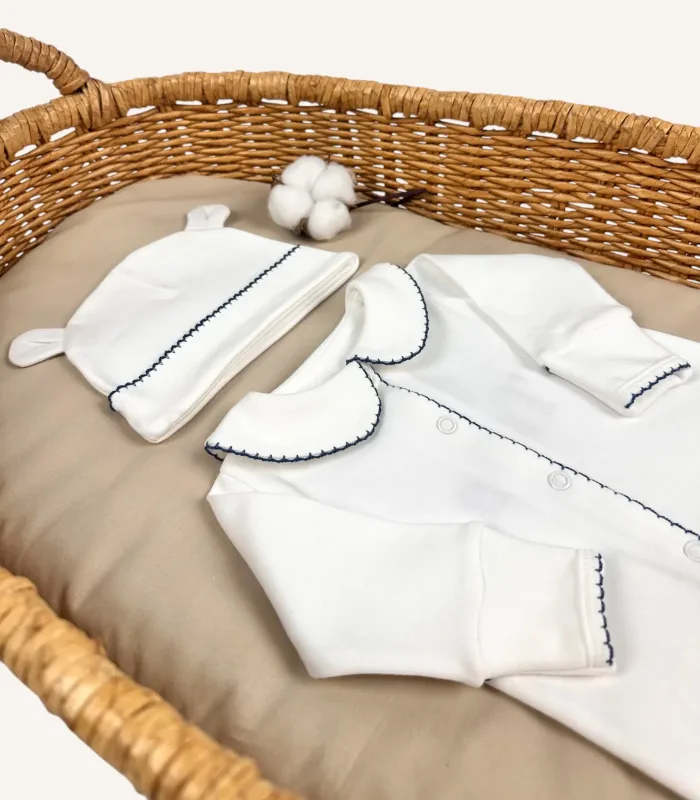 Organik Önden Çıtçıtlı Kroşe İşlemeli Tulum ve Şapka Seti