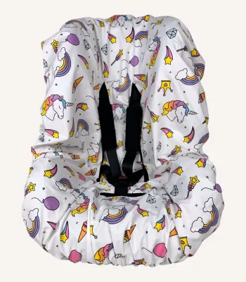 Unicorn desenli çocuk oto koltuğu kılıfı ve siyah kemer kılıfı seti