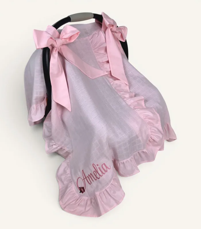 Pembe Çift Fiyonklu Fırfırlı Müslin Puset Örtüsü