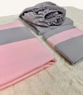 Pembe ve gri %100 pamuk tek kişilik nevresim takımı, lastikli çarşaflı, modern renk blok tasarımlı yatak seti