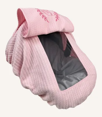Pembe örgü pike lastikli puset örtüsü, kapaklı tül pencereli, Doona uyumlu, fiyonklu opsiyonlu, bebek puset örtüsü