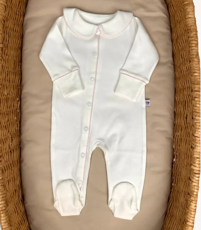 Organik Önden Çıtçıtlı Bebe Yakalı Kroşe İşlemeli Tulum