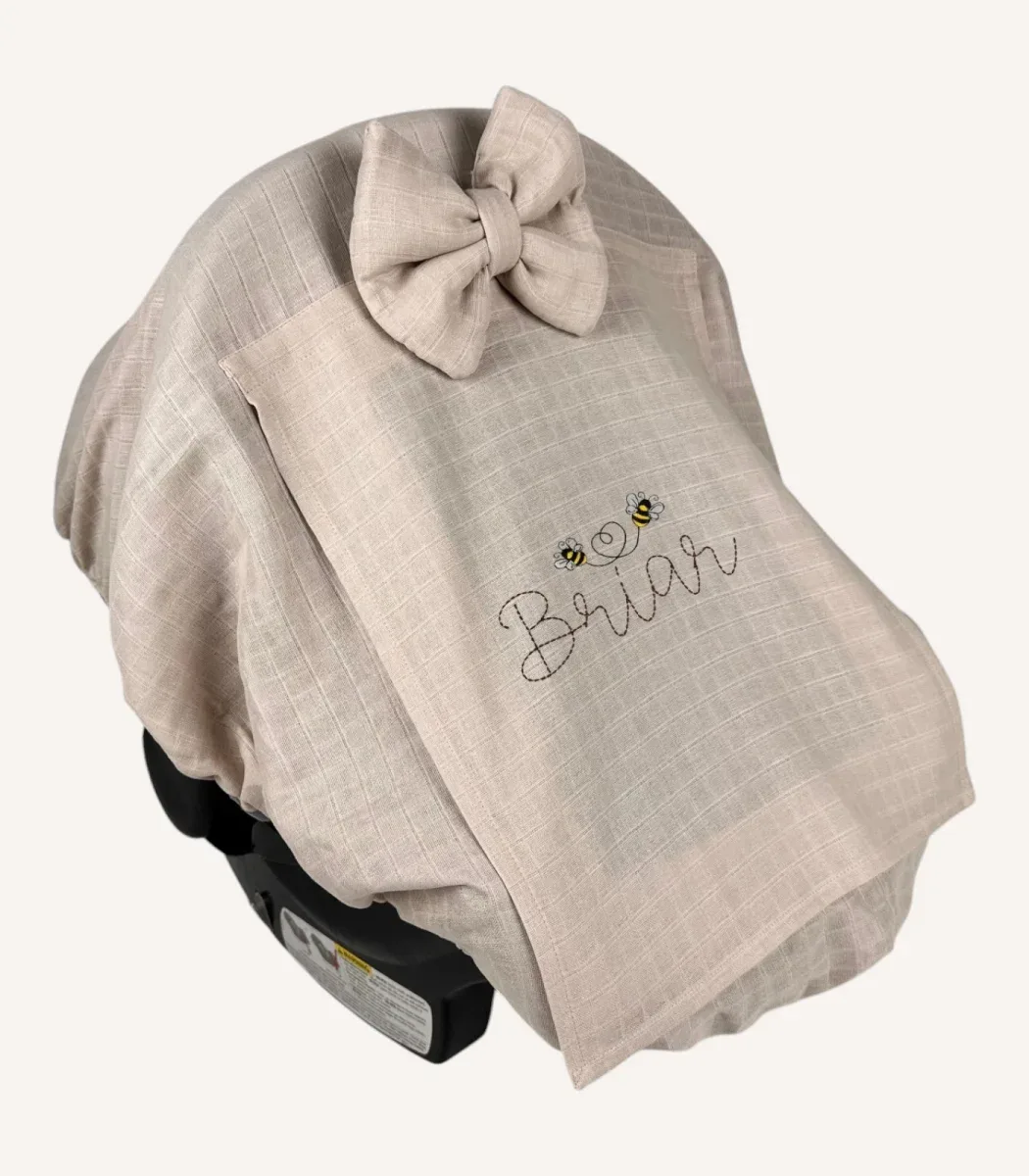 Bej müslin lastikli puset örtüsü, kapaklı tül pencereli, Doona uyumlu, mini fiyonk opsiyonlu, hafif bebek puset örtüsü
