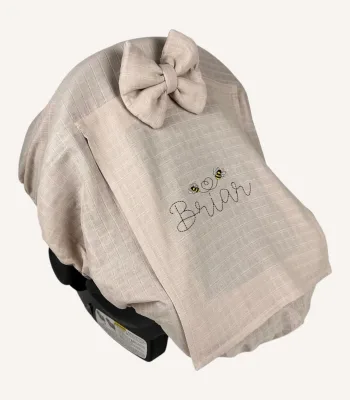 Bej müslin lastikli puset örtüsü, kapaklı tül pencereli, Doona uyumlu, mini fiyonk opsiyonlu, hafif bebek puset örtüsü