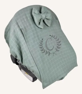 Haki müslin lastikli puset örtüsü, kapaklı tül pencereli, Doona uyumlu, mini fiyonk opsiyonlu, hafif bebek puset örtüsü