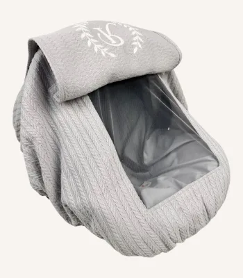 Gri örgü pike lastikli puset örtüsü, kapaklı tül pencereli, Doona tipi uyumlu, opsiyonel fiyonklu, dokulu bebek puset örtüsü