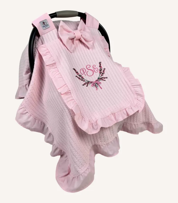 Pembe Örgü Pike Fırfırlı Kapaklı Puset Örtüsü