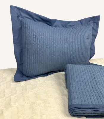 İndigo mavi biyeli örgü pike takımı, nakış detaylı tek kişilik pamuklu pike ve dekoratif yastık kılıfı