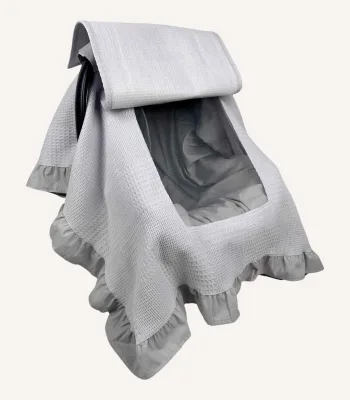 Gri dama pike fırfırlı puset örtüsü, mini fiyonklu, sade kapaklı, tül pencereli, kişiselleştirilebilir bebek örtüsü