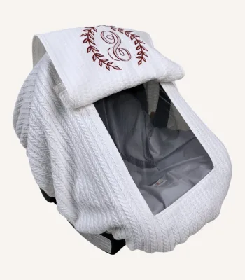 Beyaz örgü pike lastikli puset örtüsü, kapaklı tül pencereli, Doona tipi uyumlu, opsiyonel fiyonklu, sade bebek puset örtüsü