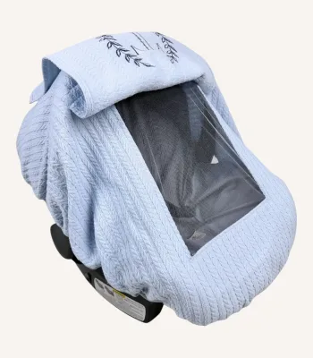Bebek mavisi örgü pike lastikli puset örtüsü, kapaklı tül pencereli, Doona tipi uyumlu, opsiyonel fiyonklu, hafif dokulu bebek örtüsü